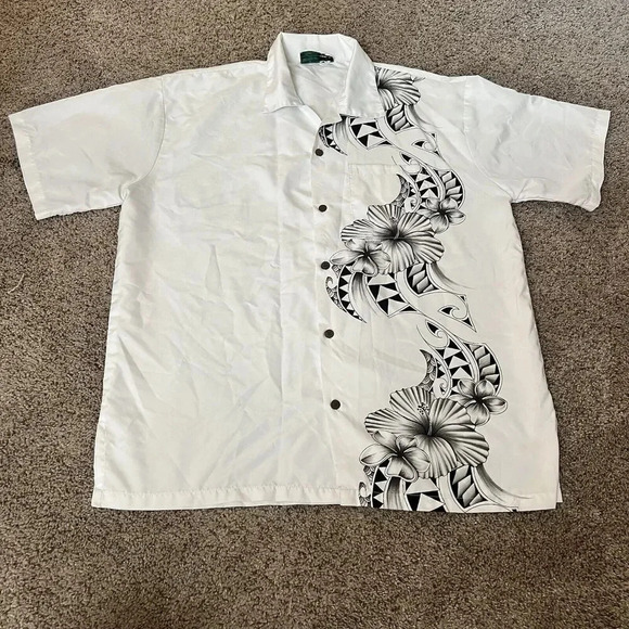 Makani Hawaii Shirt Mens Large White B&W Floral Microfiber Hawaiian Aloha Tribal - Picture 1 of 9
